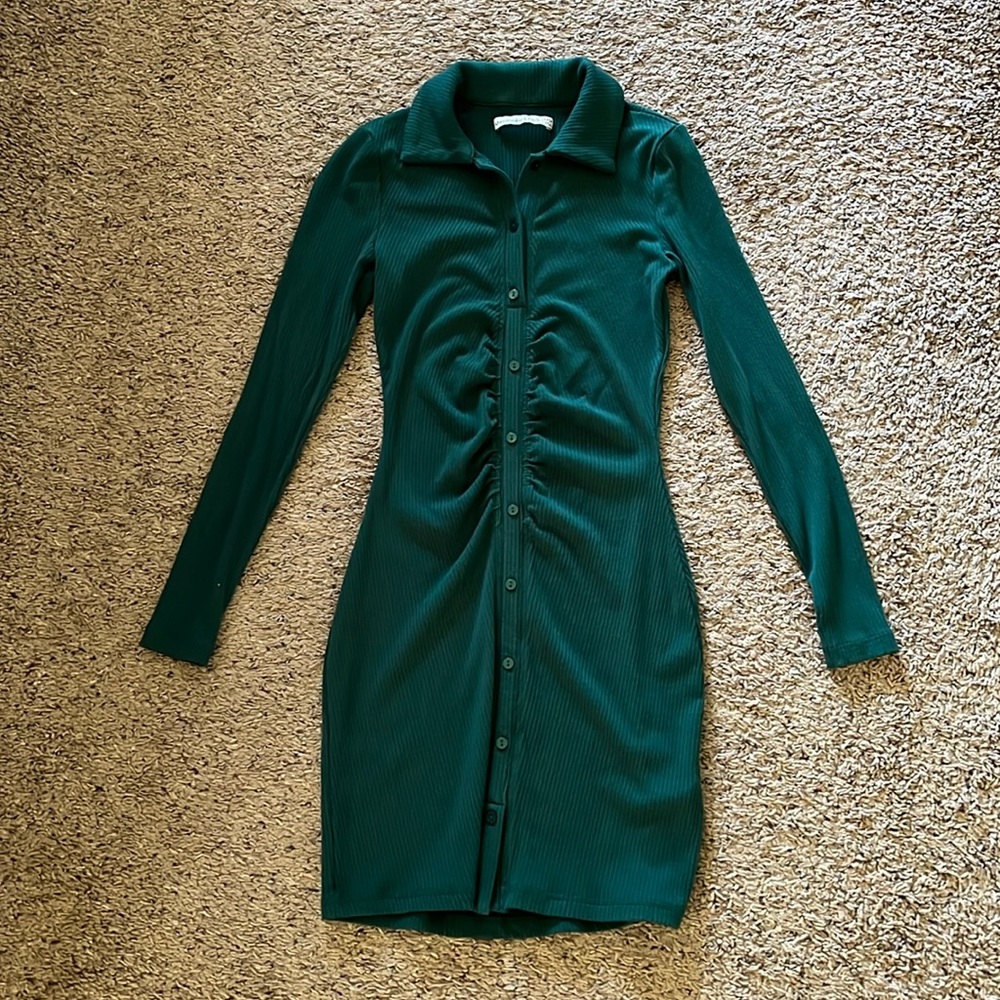 NWOT Abercrombie & Fitch forest green long sleeve ruched mini dress with collar